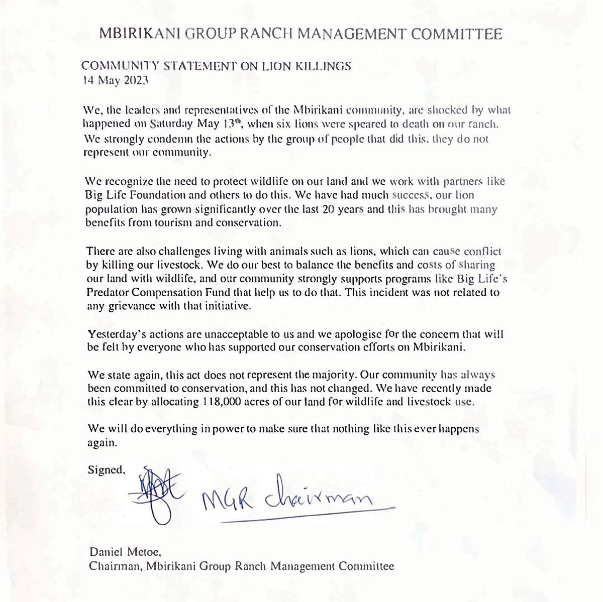 230515 MGR Statement letter